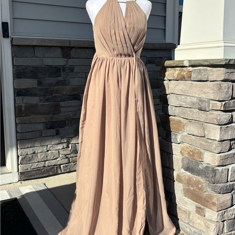 Elegant Tan Halter Maxi Dress - Picture 1 of 7